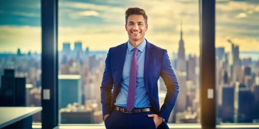 A vibrant image depicts a businessman with full body