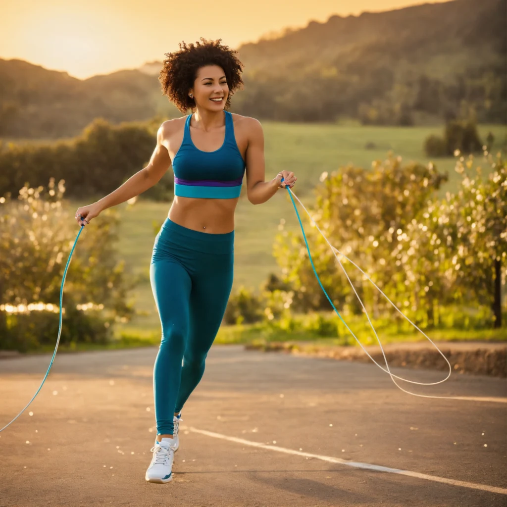 a woman in sports clothing holding a skipping rope