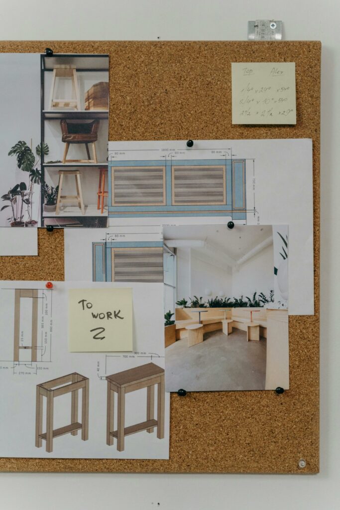 Close-up of a Pin Board with Inspirational Pictures of Interiors and Furniture